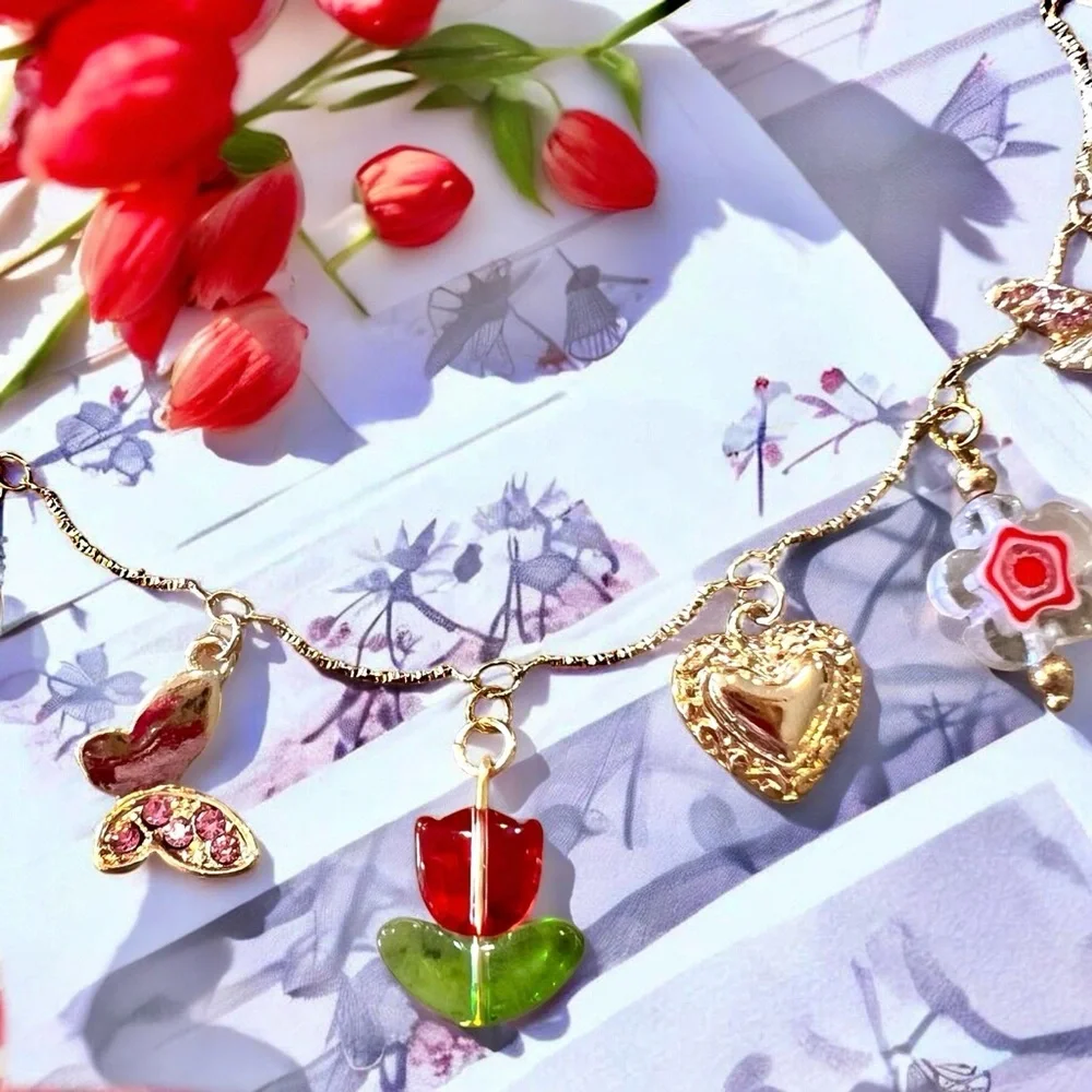 Gold and Red toned Charm Necklace glass rhinestones enamel tulip flower hearts